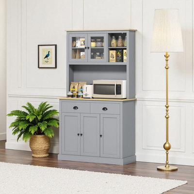 Grand garde-manger 71 po gris avec comptoir en chêne - Organisateur de rangement de cuisine autoportant avec portes et tiroirs en verre