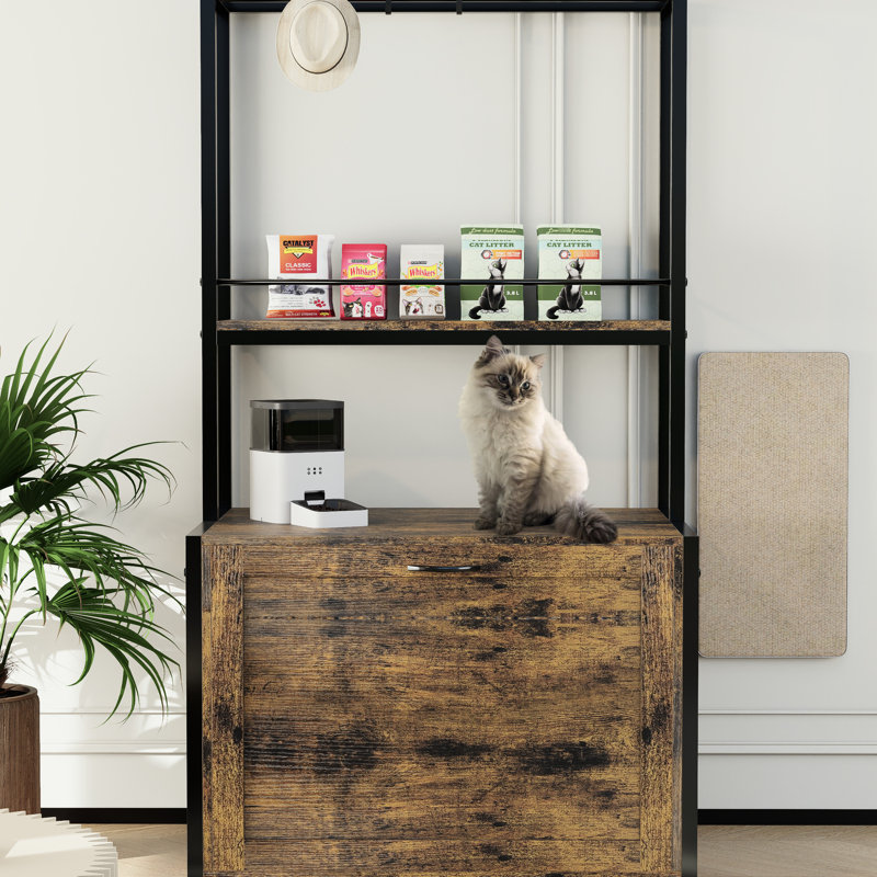 Enceinte de litière pour chat 55 po brun rustique avec tablettes de rangement fonctionnelles