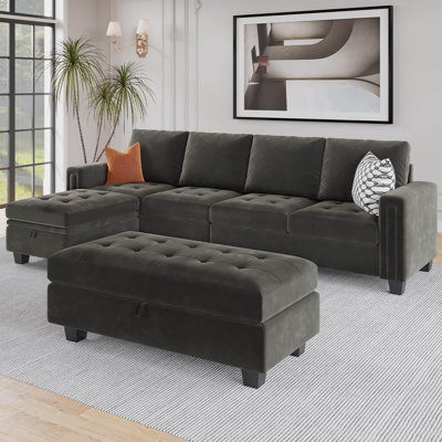 Adaam Velvet Upholstered Modular Sectional Sofa with Tufted Seat Cushions and Storage Ottoman -  Everly Quinn, EBD24793C1CC437889AE47200F69B291