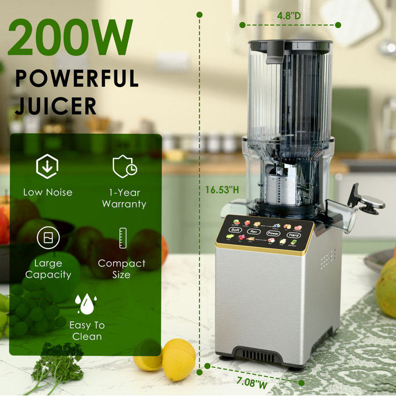 Extracteur de jus à pressage à froid lent WHALL, panneau de commande tactile avec modes doux et dur, goulotte d'alimentation extra-large de 4,35 po, fonction anti-colmatage inversée, extracteur de jus de comptoir 200 W