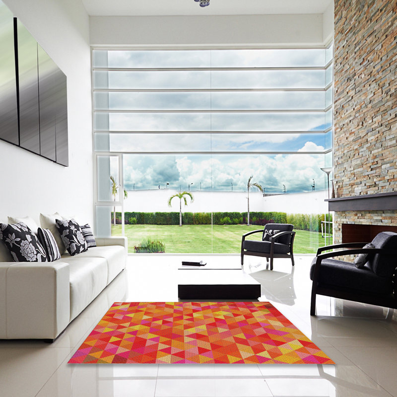 Tapis décoratif orange à motif géométrique Sauceda, Carré 7 pi