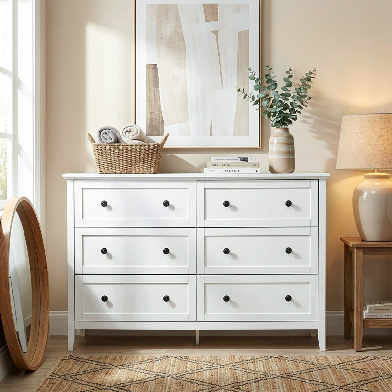 47 Inch Six Drawer Cabinet With Double Row Dual Handles Frame Design Melamine Finish, White