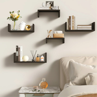 Ensemble de 5 tablettes de rangement murales flottantes en bois pour salle de bain, chambre à coucher, salon, cuisine, bureau, décoration intérieure