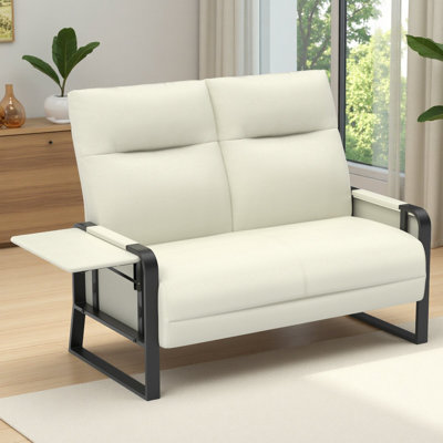 Upholstered Faux Leather Loveseat with Side Tray Table & Metal Frame
