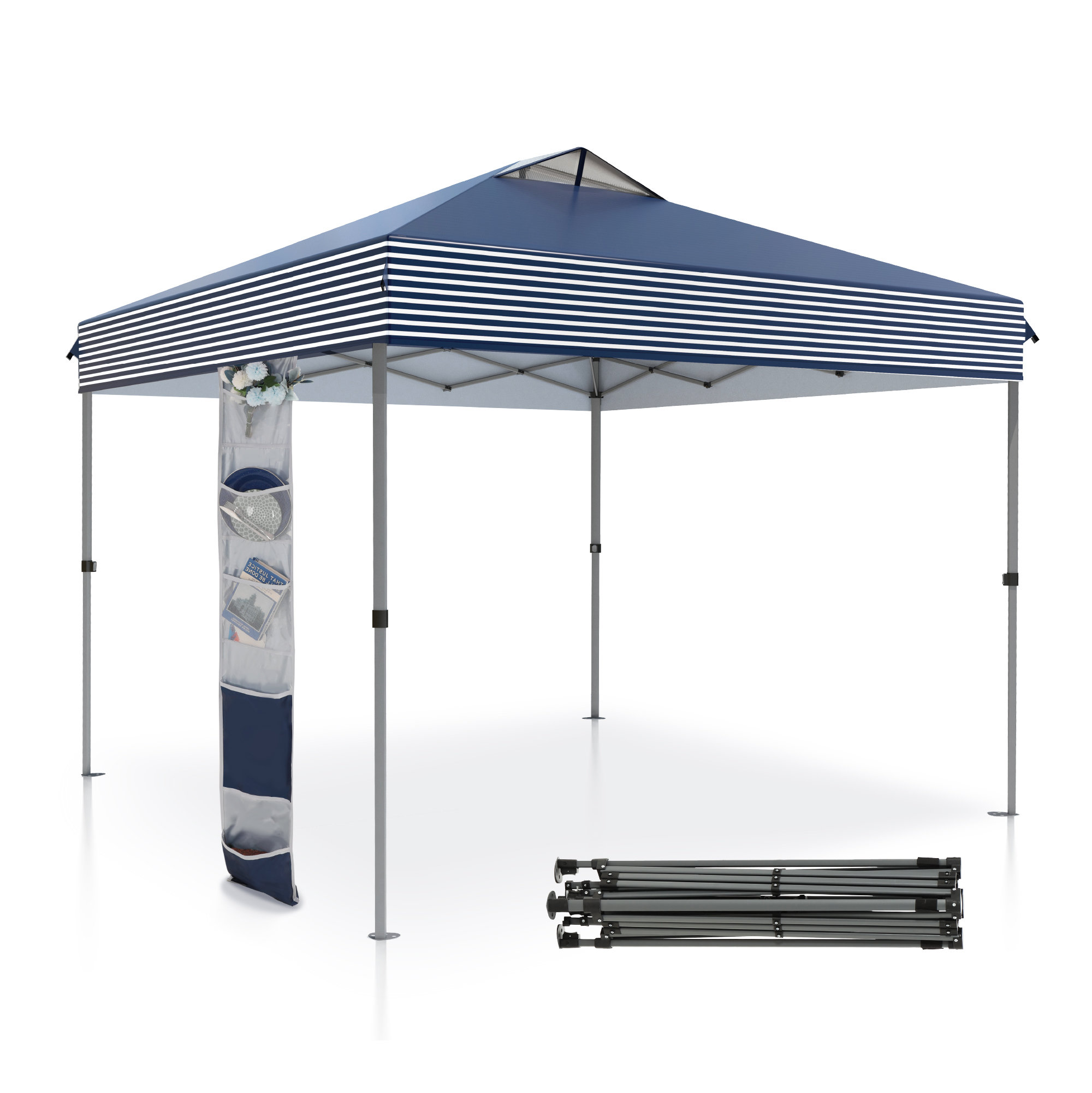 10X10Ft Pop Up Canopy Tent With Storage Bag - Navy Blue Stripe