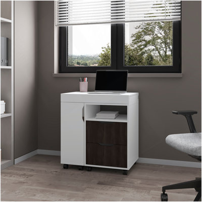 Bureau extensible Loris avec deux tiroirs, tablettes ouvertes et mécanisme coulissant