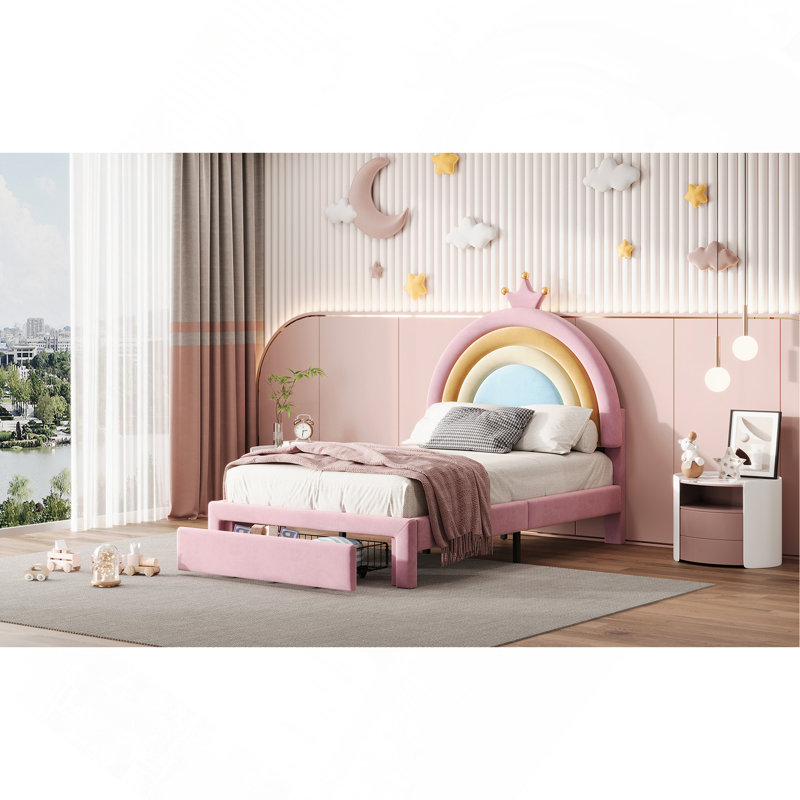 Lit simple tapissier arc-en-ciel, lit plateforme en velours avec tiroir de rangement Princess, Lit simple
