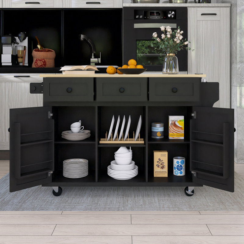 53.1" Rubber Wood Drop-Leaf Countertop Kitchen Cart With 5 Wheels With Storage Cabinet And 3 Drawers, Black