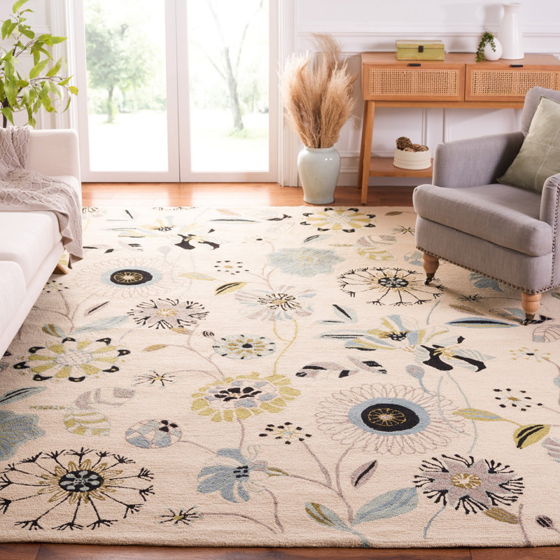 Tapis ivoire / bleu d'intérieur/extérieur à motif floral Doyle, Rectangulaire 3 pi 6 po x 4 pi 6 po