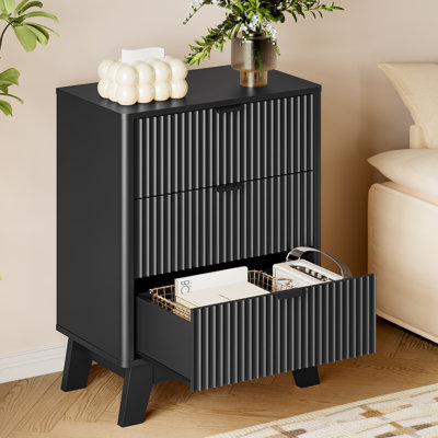 3-Drawer Fluted Nightstand with Storage, 24" Wide Mid Century Modern Bedside Table, Wooden End Table with Metal Handles & Splayed Legs, Small Dresser for Bedroom, Living Room,