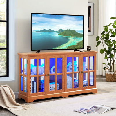 Vitrine rétro à quatre portes avec éclairage à DEL personnalisable, tablettes réglables, fermeture magnétique, finition chêne pour la présentation de l'intérieur de la maison Armoire en verre antique, plateau de table élégant, support robuste