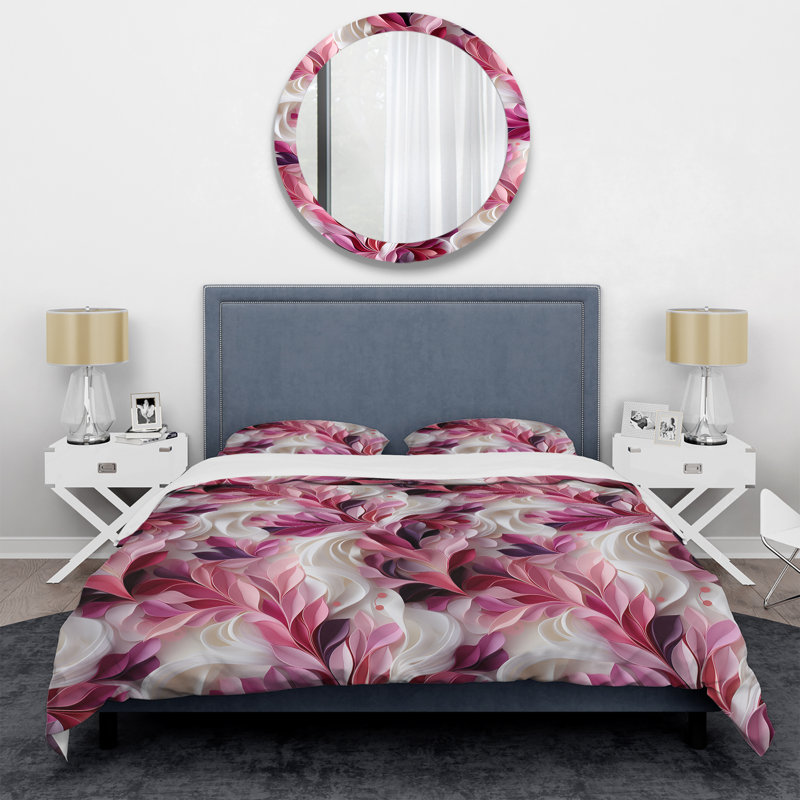 Ensemble de housse de couette à motif abstrait en vagues - Rose et blanc, Housse de couette simple + 1 taie décorative stan