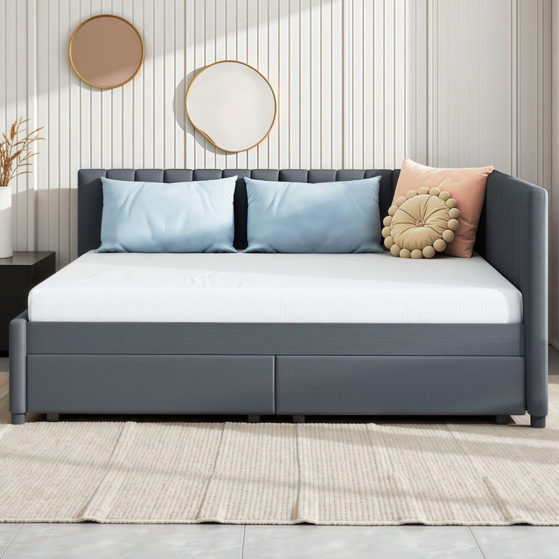 VARELON Durable Upholstered Storage Daybed Twin/Full Size with 2 Drawers - No Box Spring Needed, Gray, Full / Double