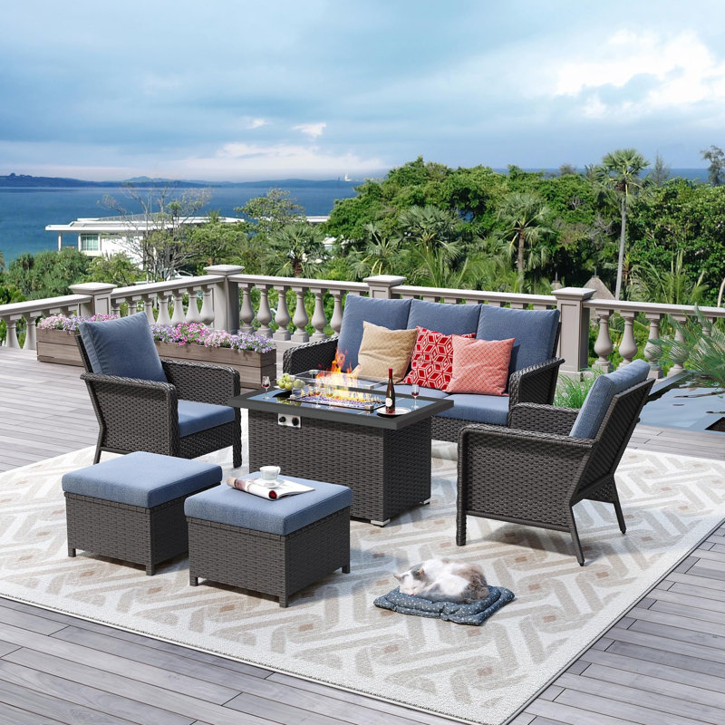 7 - Person Rectangular Outdoor Dining Set with Fire Pit Table and Cushions, Blue, Greyish Brown