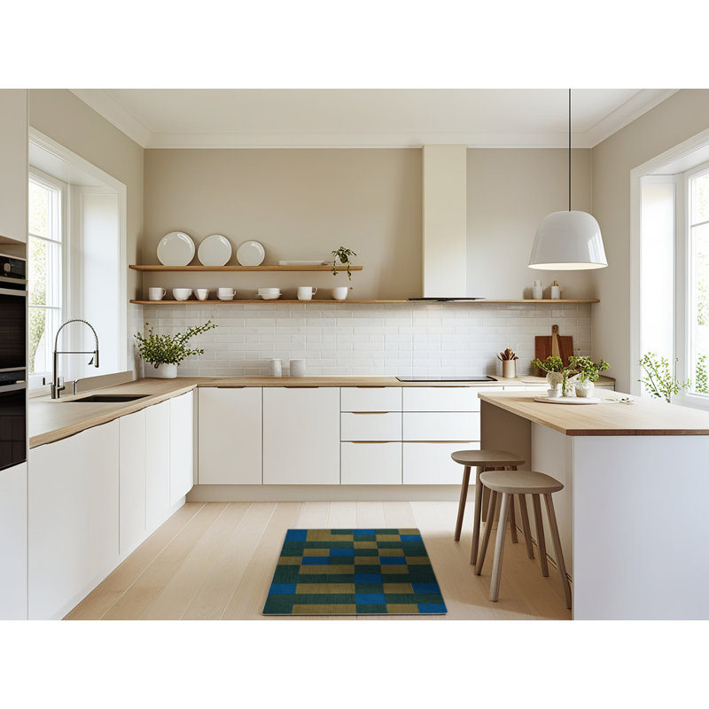 Machine Washable Checkered Green Area Rug