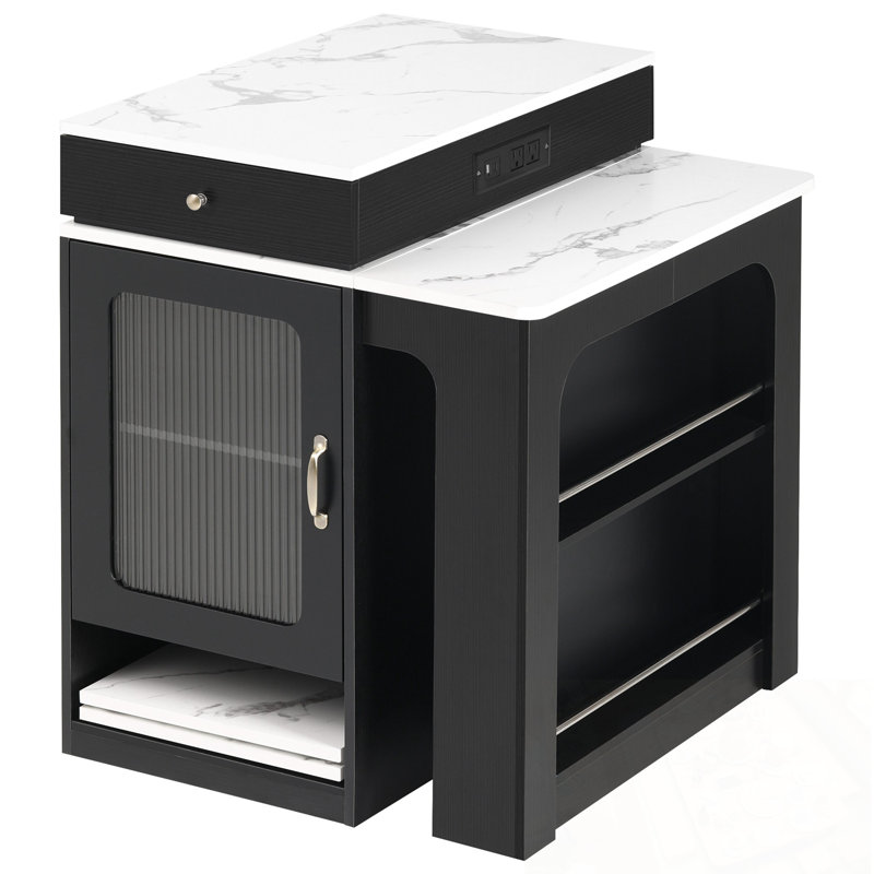 Îlot de cuisine avec table de salle à manger extensible, 2 tiroirs, prise de courant et tablettes latérales ouvertes, Noir