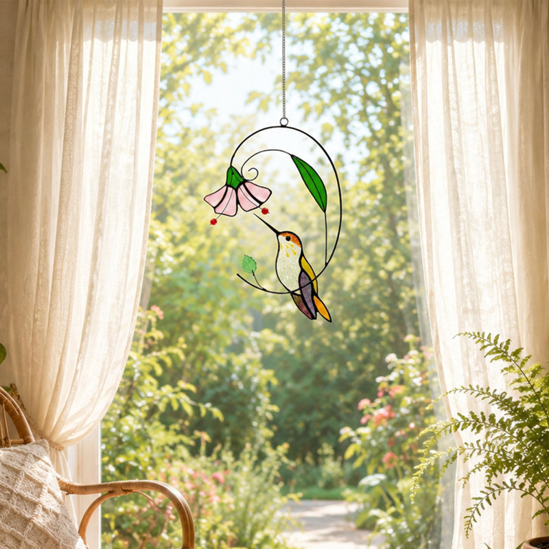 Panneau de vitrail colibri de style Tiffany avec motif floral, fenêtre en aluminium