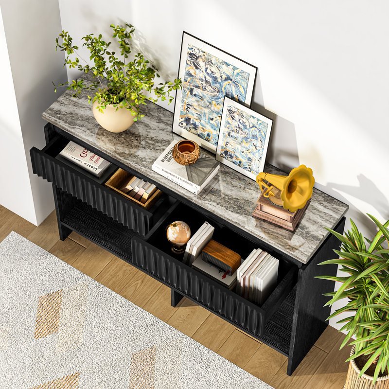 Console cannelée moderne avec tiroir, table d'entrée étroite de 117 cm (46 po) avec plateau en faux marbre, étagère de rangement et design mince pour salon ou couloir.