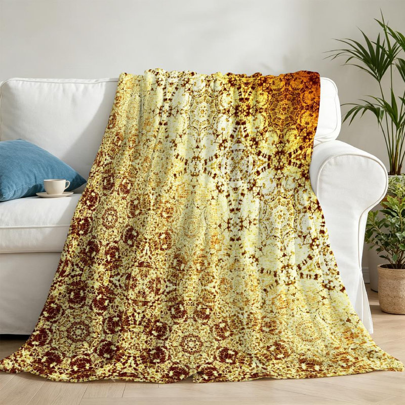 Jeté en flanelle dorée molletonnée en flanelle dorée, imprimé oriental simple, Throw 50" x 60"