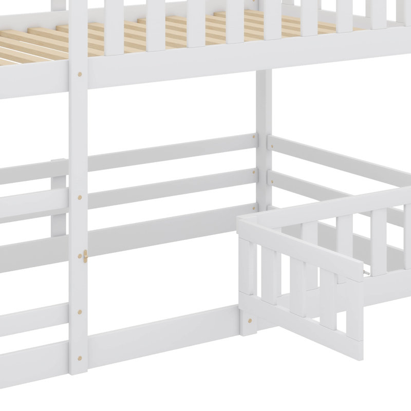 Twin-Over-Twin Bunk Bed With Fence & Door, House Style, White