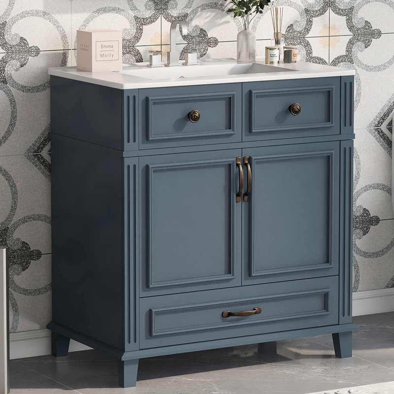 Meuble-lavabo de 30 po avec lavabo en céramique, armoire de rangement avec portes à fermeture douce et tiroirs, Noir, Bleu