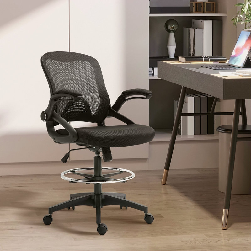 Chaise de dessinateur en filet, chaise de bureau haute avec support lombaire, accoudoirs rabattables, repose-pieds et hauteur de siège réglable