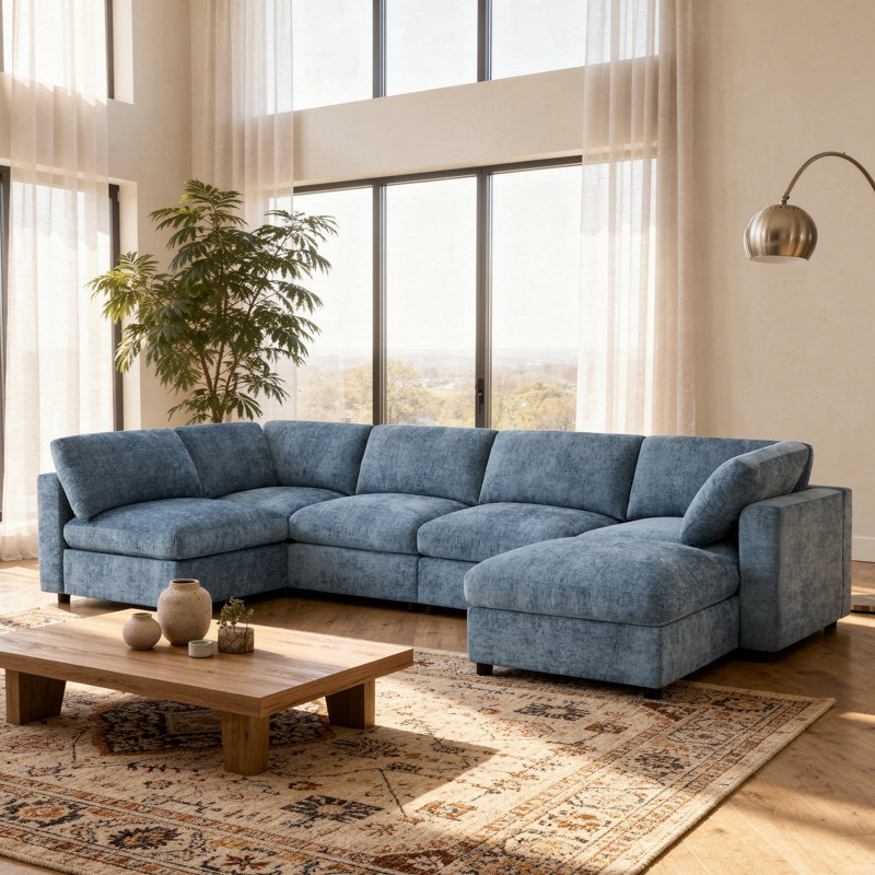 Ensemble de canapé modulaire en chenille 6 places avec repose-pieds, Chenille bleu