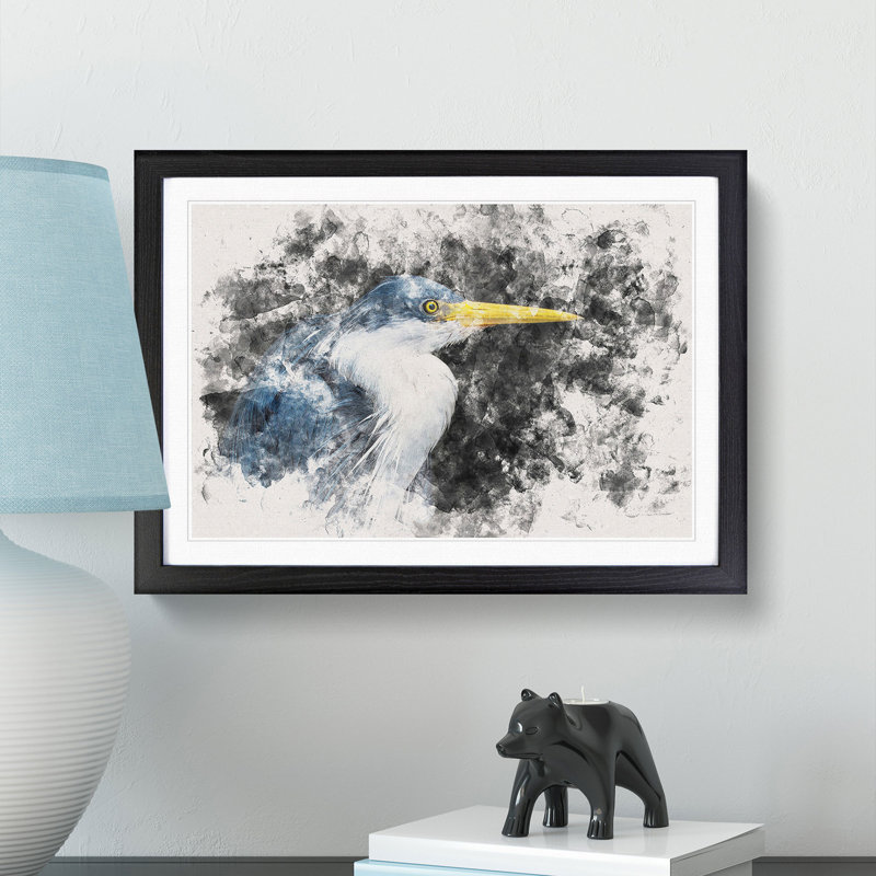 Pied Heron - Picture Frame Painting Print, 24cm H x 33cm W x 2cm D, Black Framed
