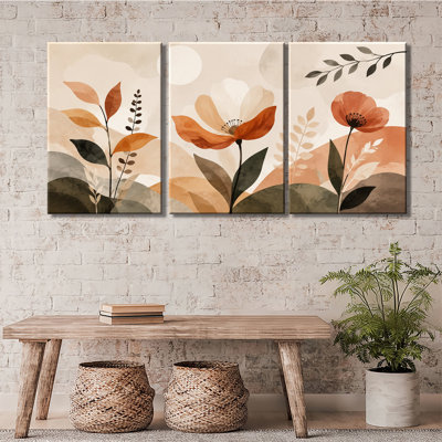 3 Piece Neutral Terracotta Watercolor Floral Canvas Wall Art, Boho Abstract Poppy Leaf Moon Sage Earth Tone Botanical Wall P (1)