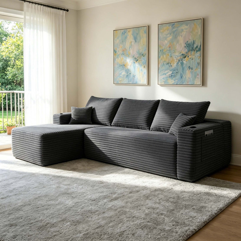 Canapé d'angle Cloud de 274 cm (108 pouces) avec méridienne en L et poches latérales, design modulaire moderne, assise profonde, aucun assemblage requis