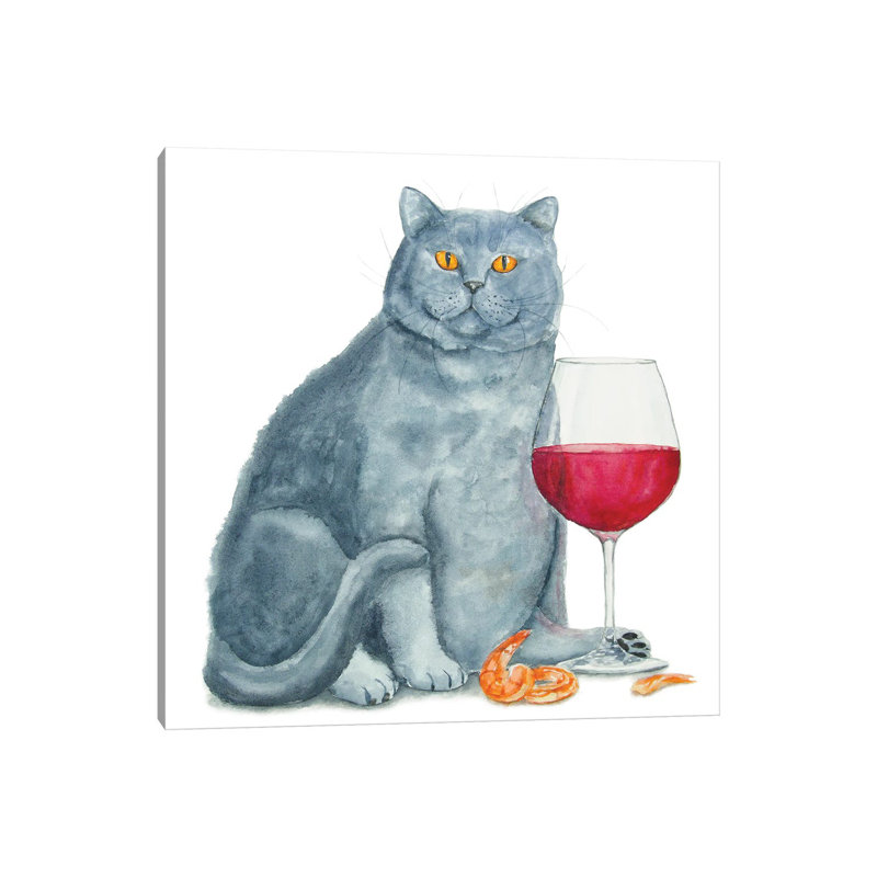 British Cat with Wine 1 Piece Wrapped Canvas Painting, 93.98 cm H x 93.98 cm W x 1.91 cm D