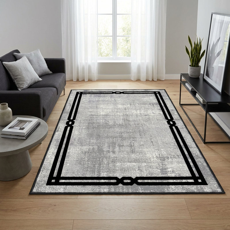 Tapis gris / noir à bordure géométrique moderne Corbin