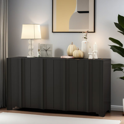 Sophisticated 4-Door Sideboard Adorned With Intricate Linear Accents And Luxurious Multi-Layered Pine Veneer Design Elements,Suitable For Living Rooms, Entrance And Study Rooms