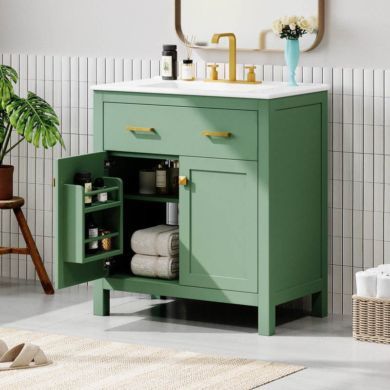 30-Inch Green MDF Freestanding Single Sink Vanity with White Ceramic Top