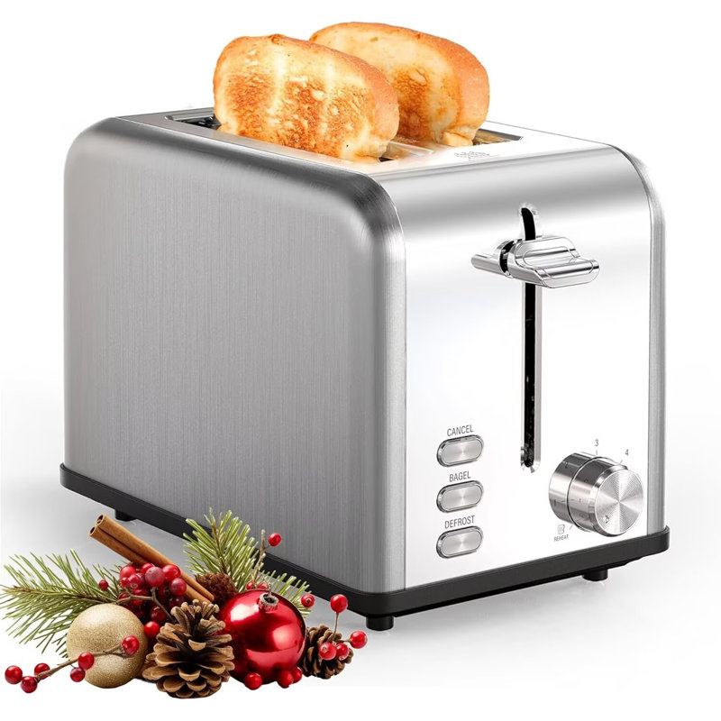 YSSOA Stainless Steel 2 Slice Toaster, 6 Browning Setting and Bagel/Defrost/Cancel Functions, Retro Compact Oven, Extra Wide Slot, Removable Crumb Tray