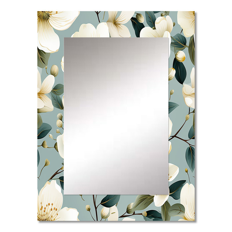 Stucker Watercolor Whimsy White Serenaded Gardens - Floral Wall Mirror, Cottage Decorative Mirror, Printed Metal Art