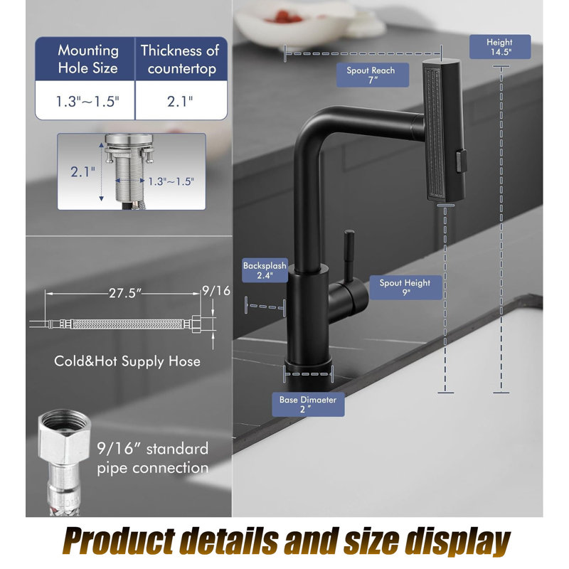 Robinet de cuisine commercial monotrou Modern, Noir mat, Pas de capteur