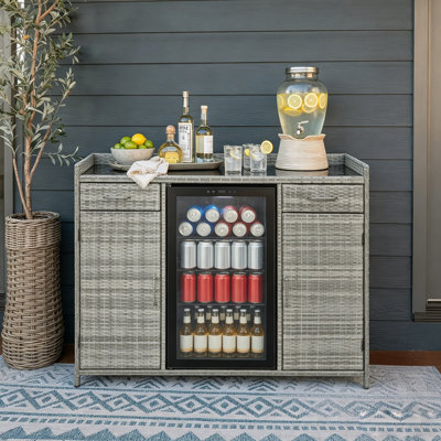 53.5" Wicker Outdoor Bar Cabinet With Mini Fridge Enclosure, Tempered Glass Top & Wine Glass Racks