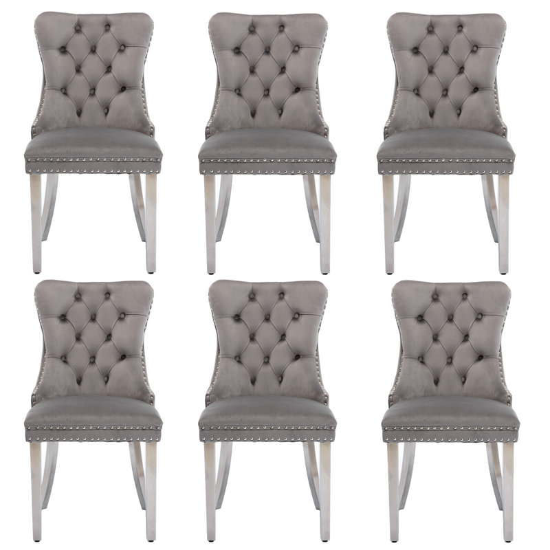 Gray Velvet Tufted Upholstered Side Chair with Silver Metal Legs, Set of 6