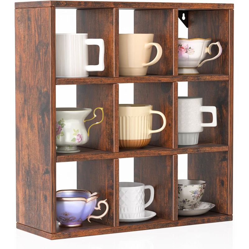 9-Grid Vintage Mug Display Shelf, Wall-Mounted Wooden Shadow Box, Bronze