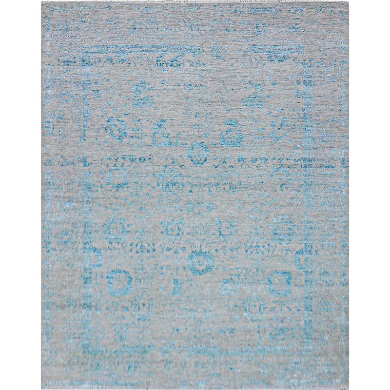 Tapis argenté et turquoise noué à la main de haute qualité, Rectangle 9 pi 2 po x 12 pi 1 po