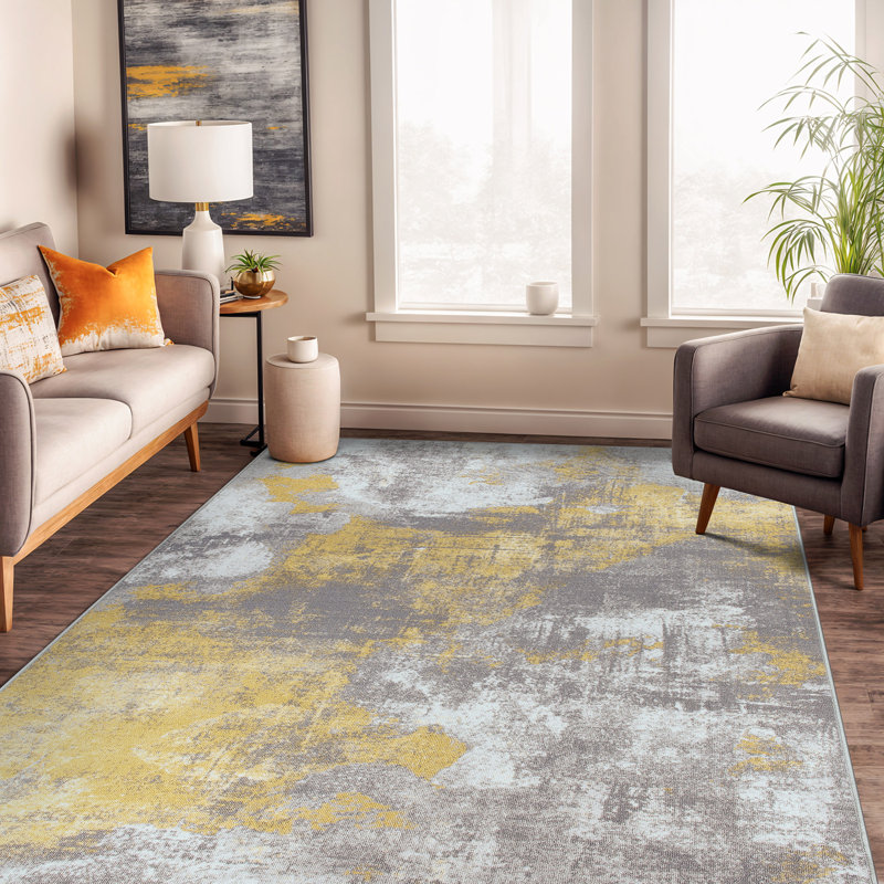 Tapis abstrait contemporain patiné antidérapant, Rectangle 5 pi x 7 pi
