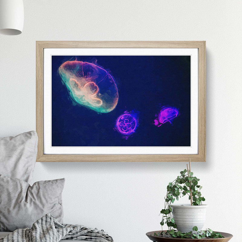 Neon Jellyfish in Abstract - Framed Print, Oak Framed, 36cm H x 48cm W x 2cm D