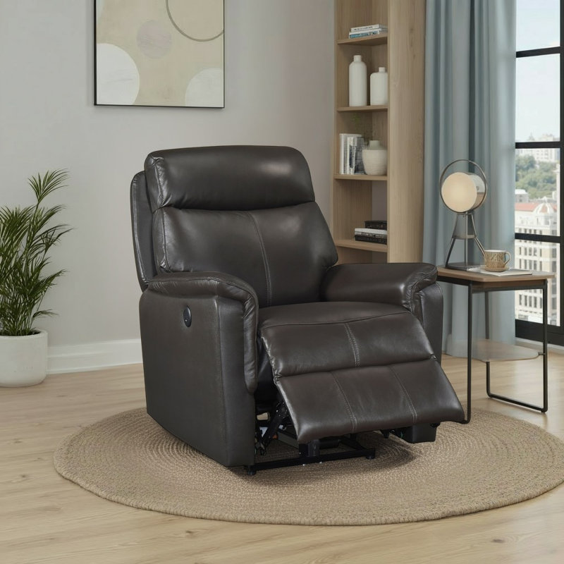 Fauteuil inclinable électrique 33 po Moapa moderne et contemporain en cuir fleur avec contrôle de l'alimentation à une touche, port de charge USB et siège en mousse enveloppée de Dacron