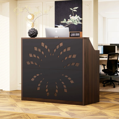 Bureau de réception de 46,5 pouces avec armoire de rangement, réception, comptoir de caisse - un bureau de réception moderne adapté aux halls d'entrée, aux bureaux et aux salons de beauté, noyer et noir