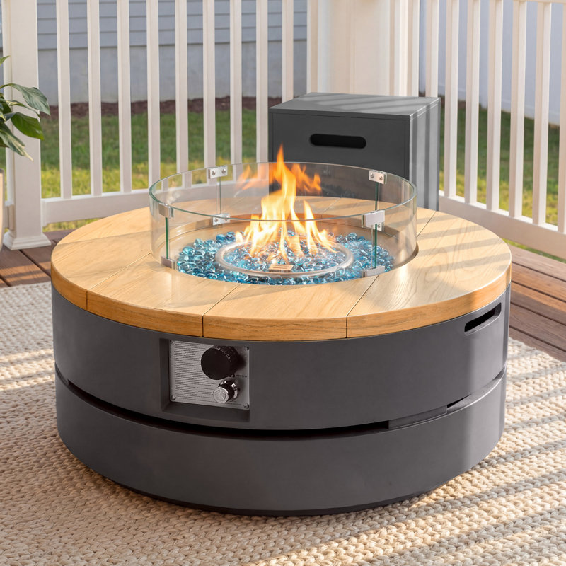 38-Inch Round Concrete Propane Fire Pit Table with Tank Cover and Wind Guard,Dark Gray, Dark Gray
