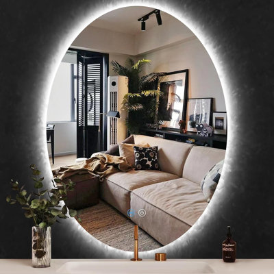 28 po. 40 po. Miroir de salle de bain ovale rétroéclairé sans cadre avec rétroéclairage à DEL à 3 couleurs à intensité variable pour mur de salle de bain