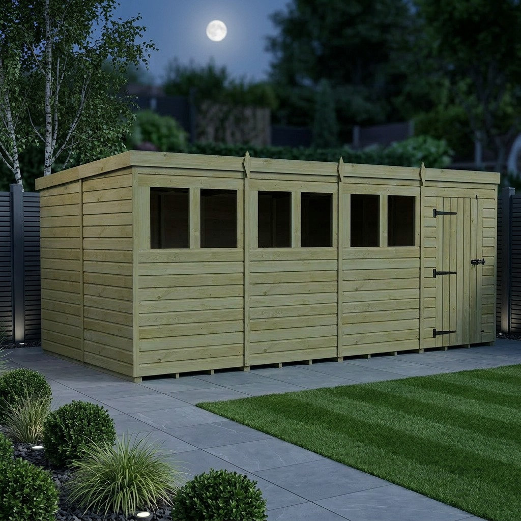 Total Sheds 16ft x 10ft Pent Garden Shed - Single Door - With Windows - Pressure Treated Timber - UK Manufactured