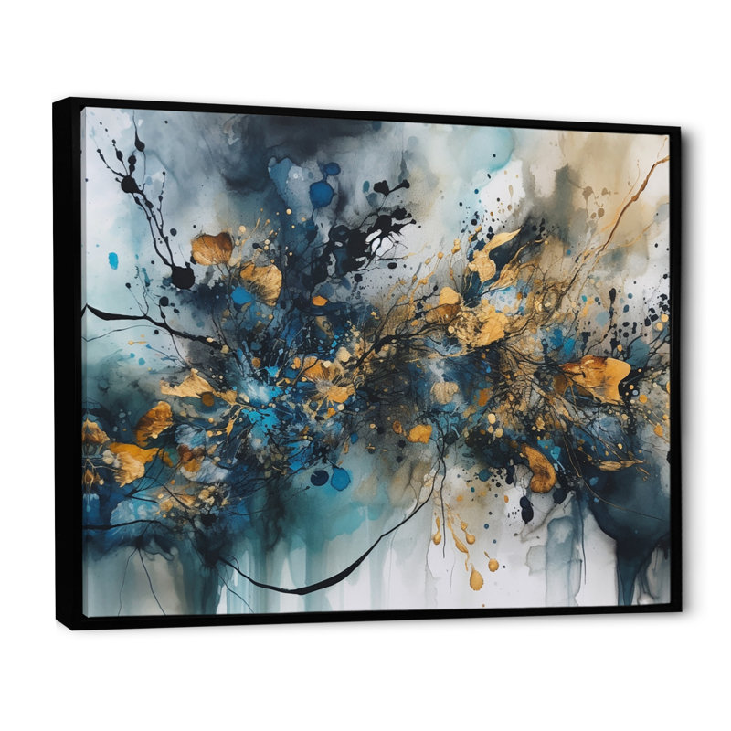 Encre liquide bleue et dorée captivante - art abstrait marbre, Cadre flottant noir, H 34 po x l 44 po x P 1,5 po