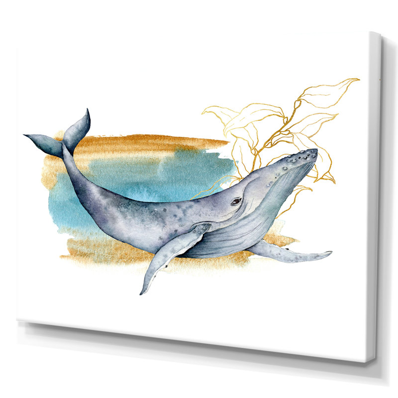 Baleine bleue sur fond blanc - Peinture sur toile, H 16 po x l 32 po x P 1 po, Toile tendue